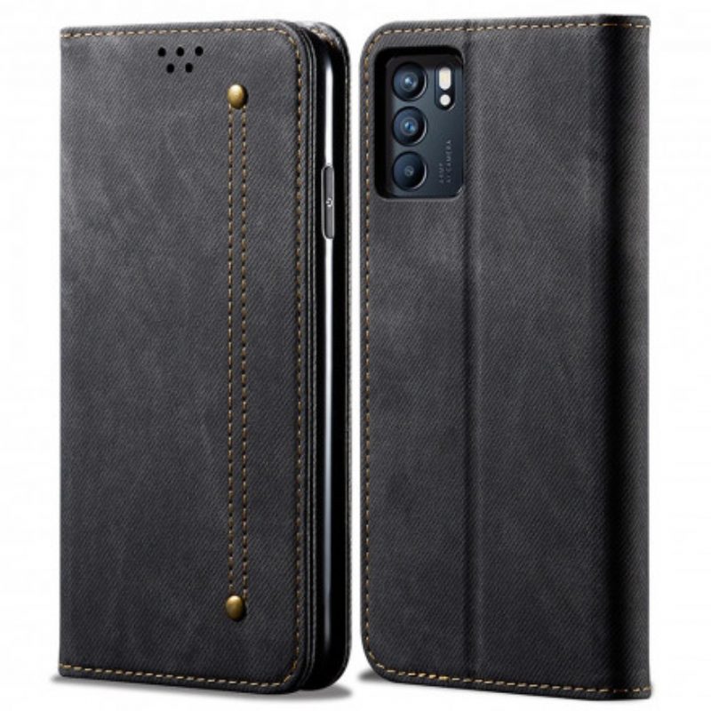 Folio Cover Oppo Reno 6 5G Custodia in pelle Tessuto Denim