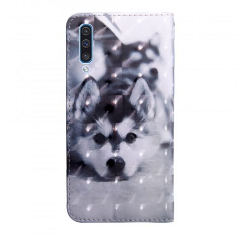 Custodia in pelle Samsung Galaxy A50 Cane In Bianco E Nero