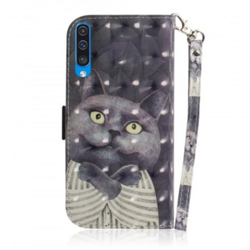 Custodia in pelle Samsung Galaxy A50 Gatto Grigio Con Cinturino