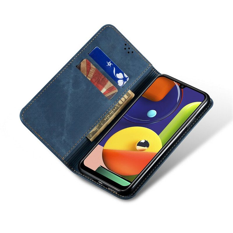 Folio Cover Samsung Galaxy A50 Custodia in pelle Tessuto Denim