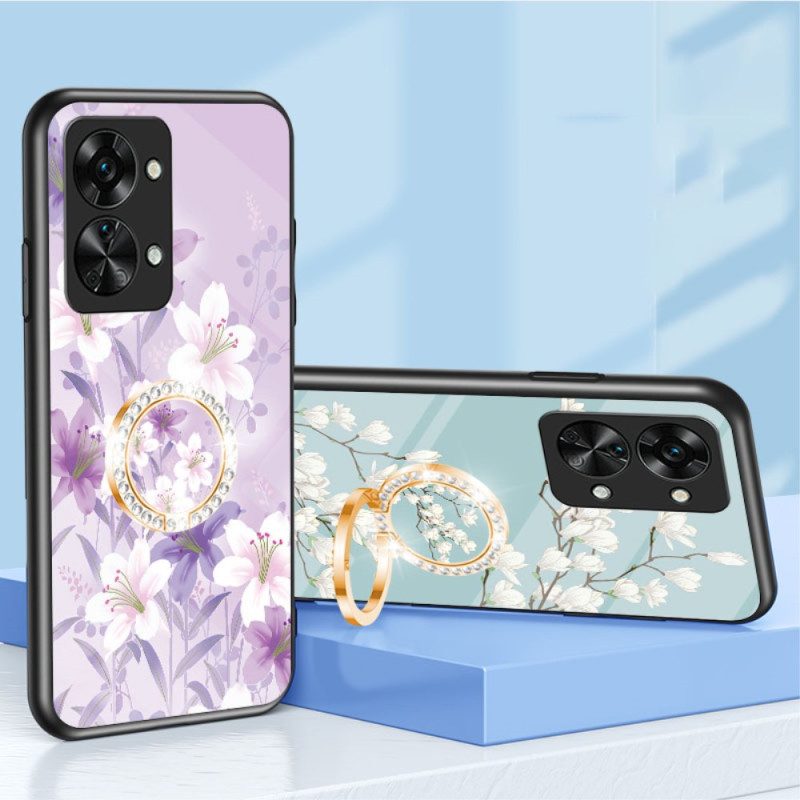 Cover OnePlus Nord 2T 5G Anello Fiori In Vetro Temperato Diamanti