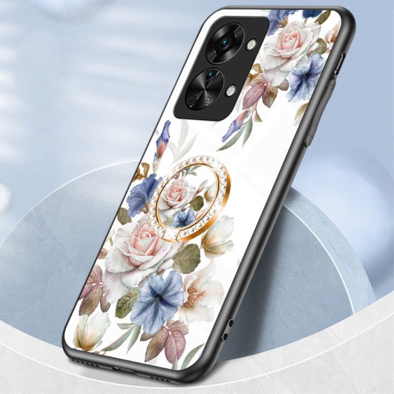 Cover OnePlus Nord 2T 5G Anello Fiori In Vetro Temperato Diamanti