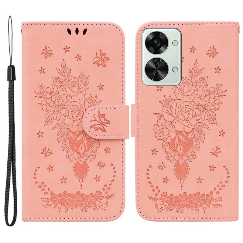 Custodia in pelle OnePlus Nord 2T 5G Rose E Farfalle