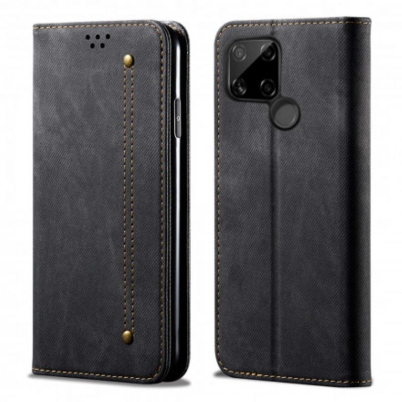 Folio Cover Realme C21 Custodia in pelle Trama Di Jeans In Ecopelle