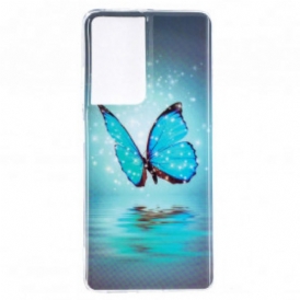 Cover Samsung Galaxy S21 Ultra 5G Farfalla Blu Fluorescente