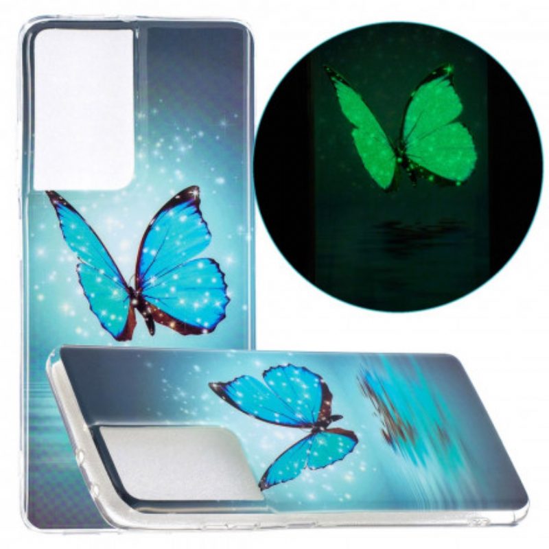 Cover Samsung Galaxy S21 Ultra 5G Farfalla Blu Fluorescente