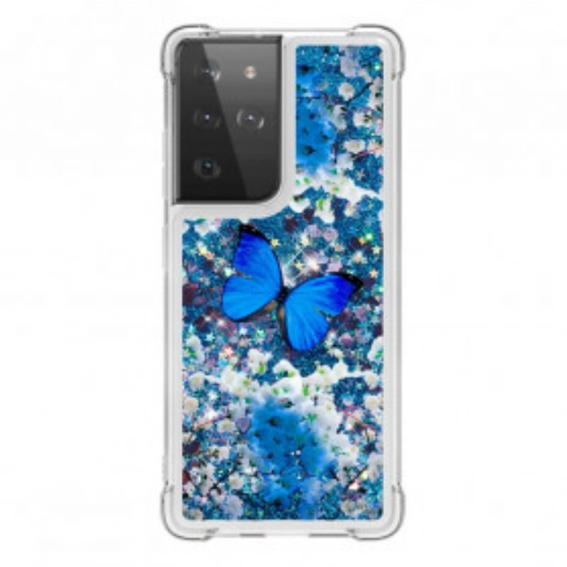 Cover Samsung Galaxy S21 Ultra 5G Farfalle Blu Glitterate