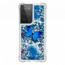 Cover Samsung Galaxy S21 Ultra 5G Farfalle Blu Glitterate