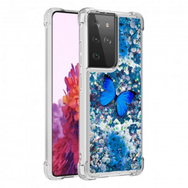 Cover Samsung Galaxy S21 Ultra 5G Farfalle Blu Glitterate