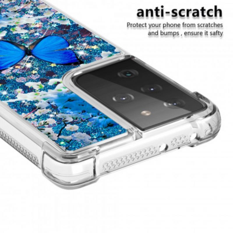 Cover Samsung Galaxy S21 Ultra 5G Farfalle Blu Glitterate