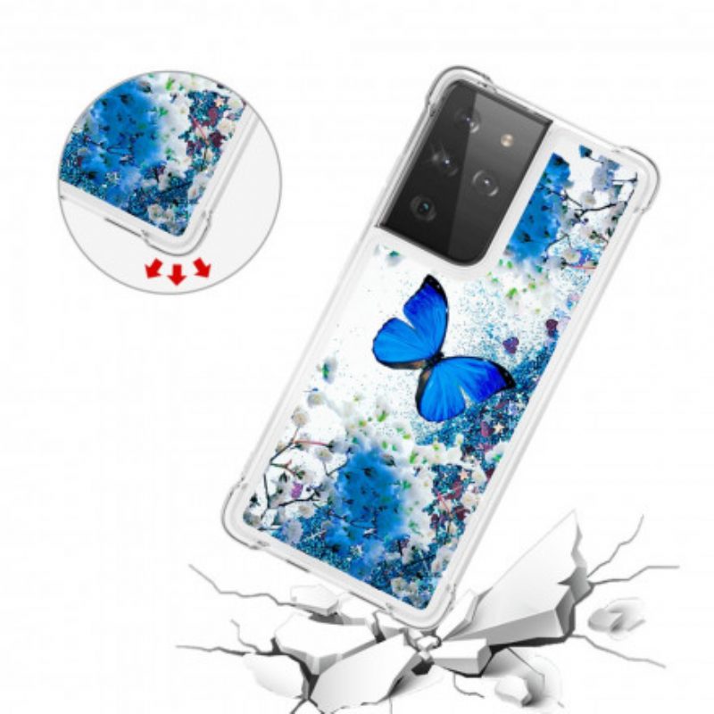 Cover Samsung Galaxy S21 Ultra 5G Farfalle Blu Glitterate