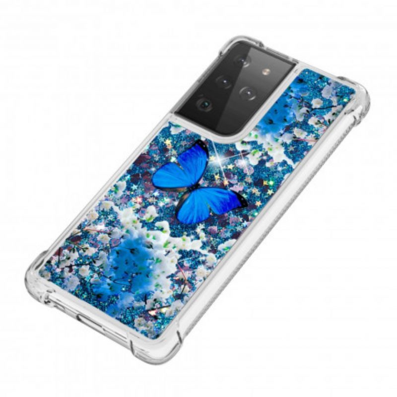 Cover Samsung Galaxy S21 Ultra 5G Farfalle Blu Glitterate