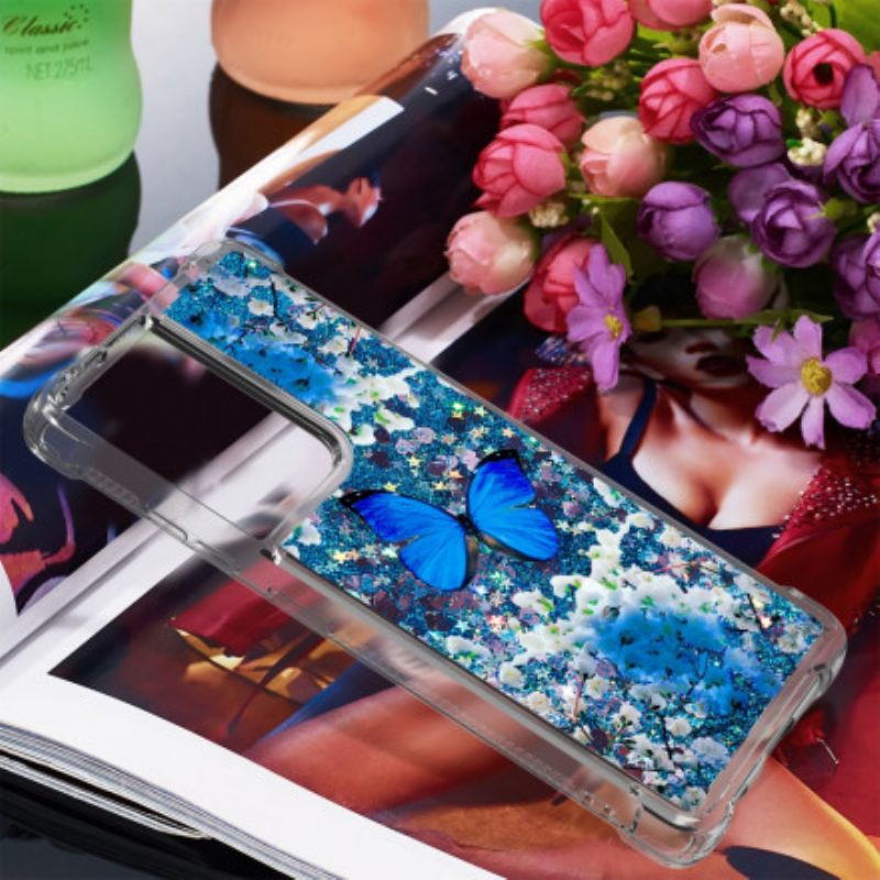 Cover Samsung Galaxy S21 Ultra 5G Farfalle Blu Glitterate