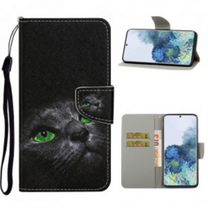 Custodia A Portafoglio Samsung Galaxy S21 Ultra 5G Gatto Dagli Occhi Verdi Con Cordino