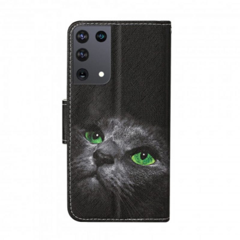 Custodia A Portafoglio Samsung Galaxy S21 Ultra 5G Gatto Dagli Occhi Verdi Con Cordino