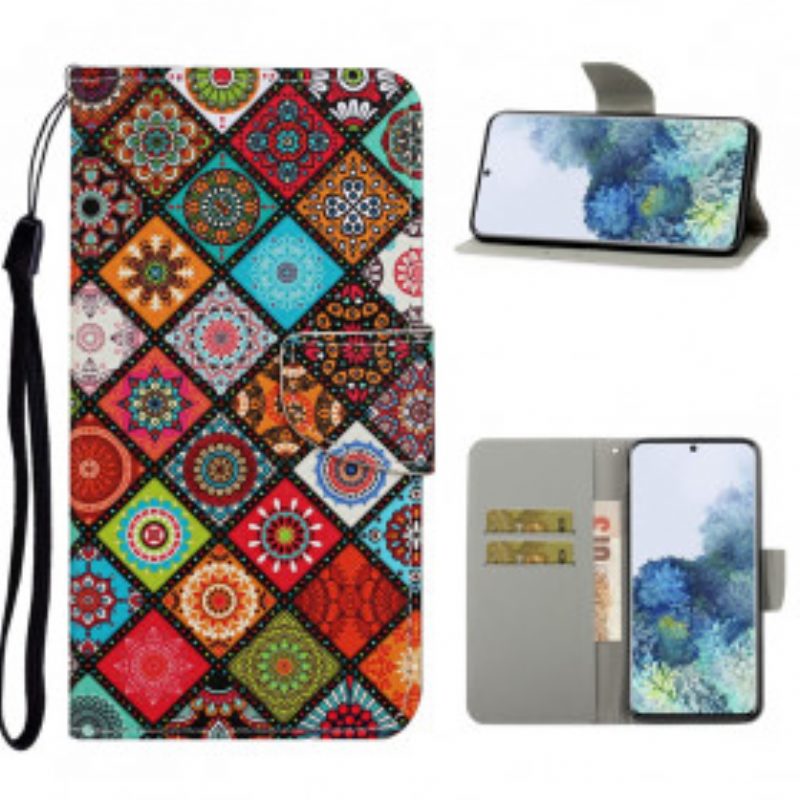 Custodia in pelle Samsung Galaxy S21 Ultra 5G Mandala Patchwork Con Cordino