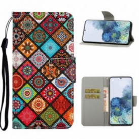 Custodia in pelle Samsung Galaxy S21 Ultra 5G Mandala Patchwork Con Cordino