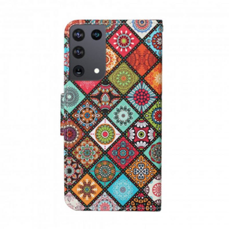 Custodia in pelle Samsung Galaxy S21 Ultra 5G Mandala Patchwork Con Cordino