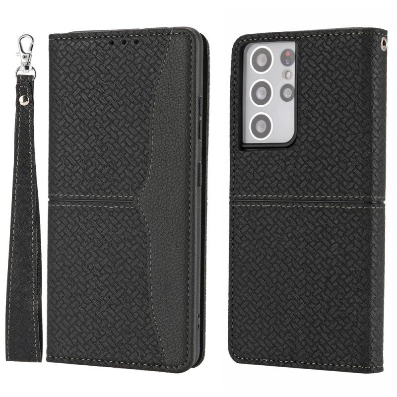 Custodia in pelle Samsung Galaxy S21 Ultra 5G Stile In Pelle Intrecciata Con Cinturino