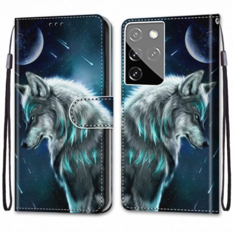 Folio Cover Samsung Galaxy S21 Ultra 5G Lupo Sotto Una Pioggia Di Stelle