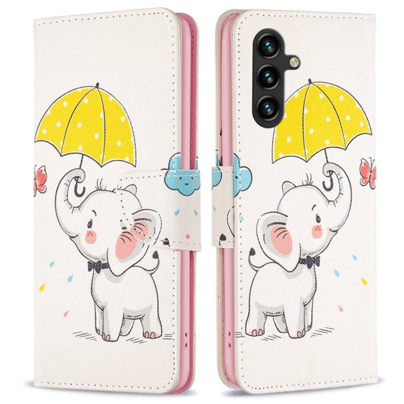 Custodia in pelle Samsung Galaxy A14 / A14 5G Elefante Sotto La Pioggia