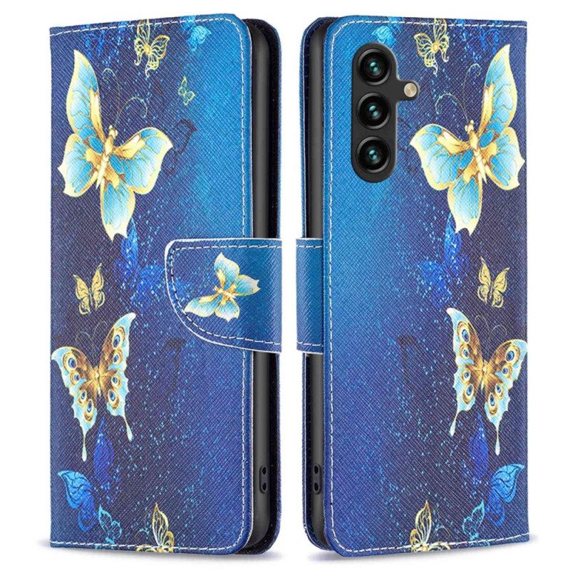 Custodia in pelle Samsung Galaxy A14 / A14 5G Farfalle Dorate