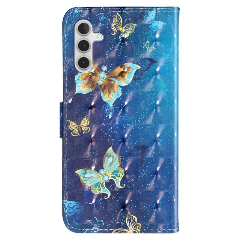 Custodia in pelle Samsung Galaxy A14 / A14 5G Farfalle Dorate Con Cinturino