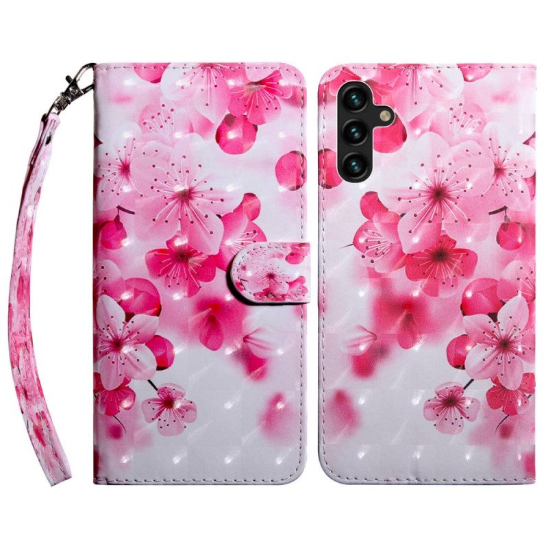 Custodia in pelle Samsung Galaxy A14 / A14 5G Fiori Rosa Strappy