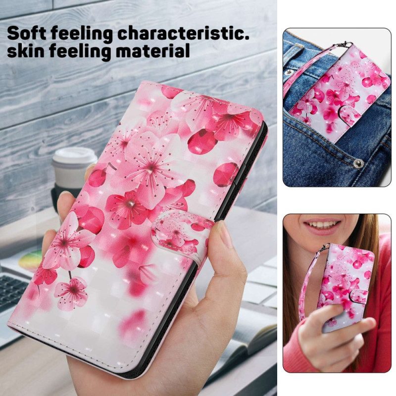 Custodia in pelle Samsung Galaxy A14 / A14 5G Fiori Rosa Strappy