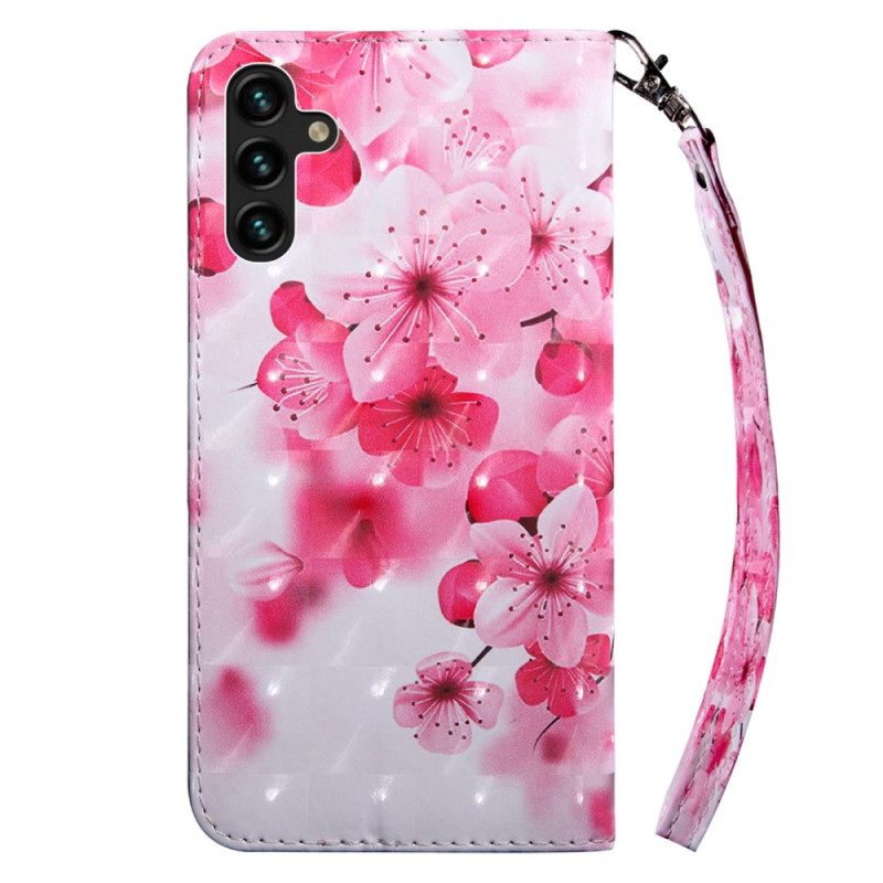 Custodia in pelle Samsung Galaxy A14 / A14 5G Fiori Rosa Strappy