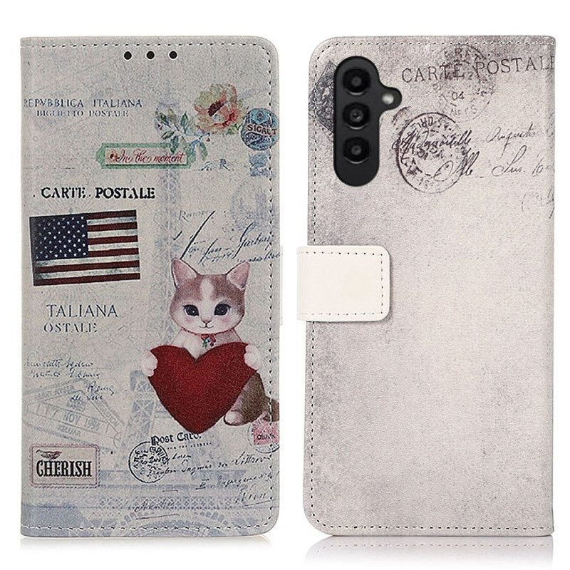 Custodia in pelle Samsung Galaxy A14 / A14 5G Gatto Viaggiatore