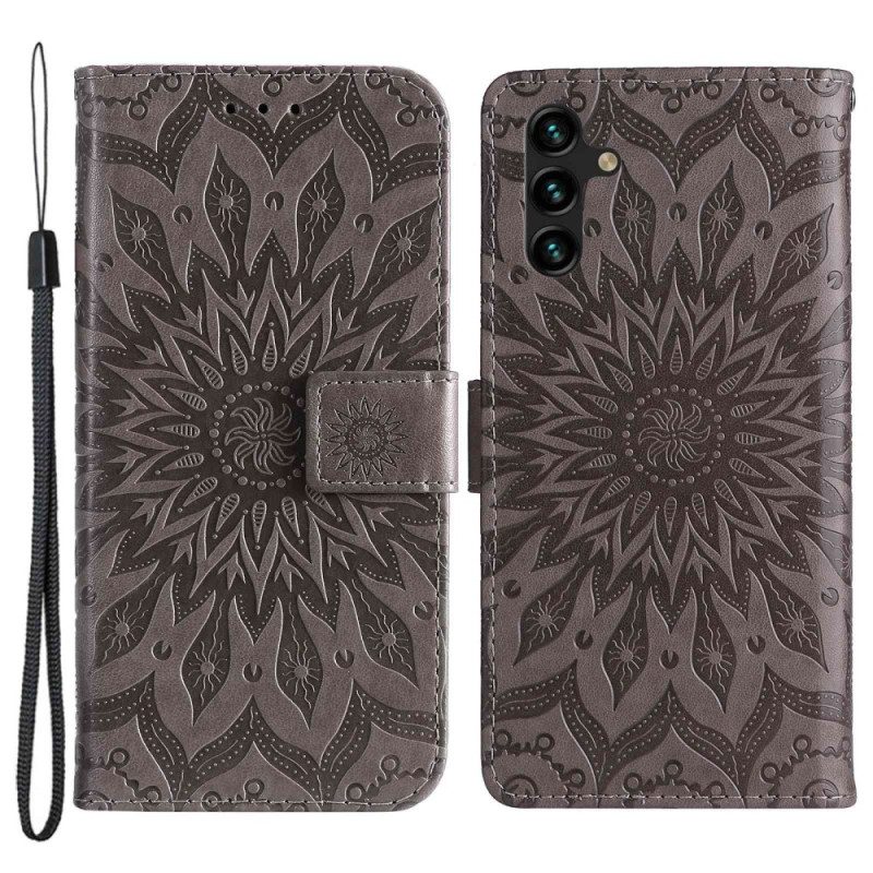 Custodia in pelle Samsung Galaxy A14 / A14 5G Mandala Sole Con Cordino