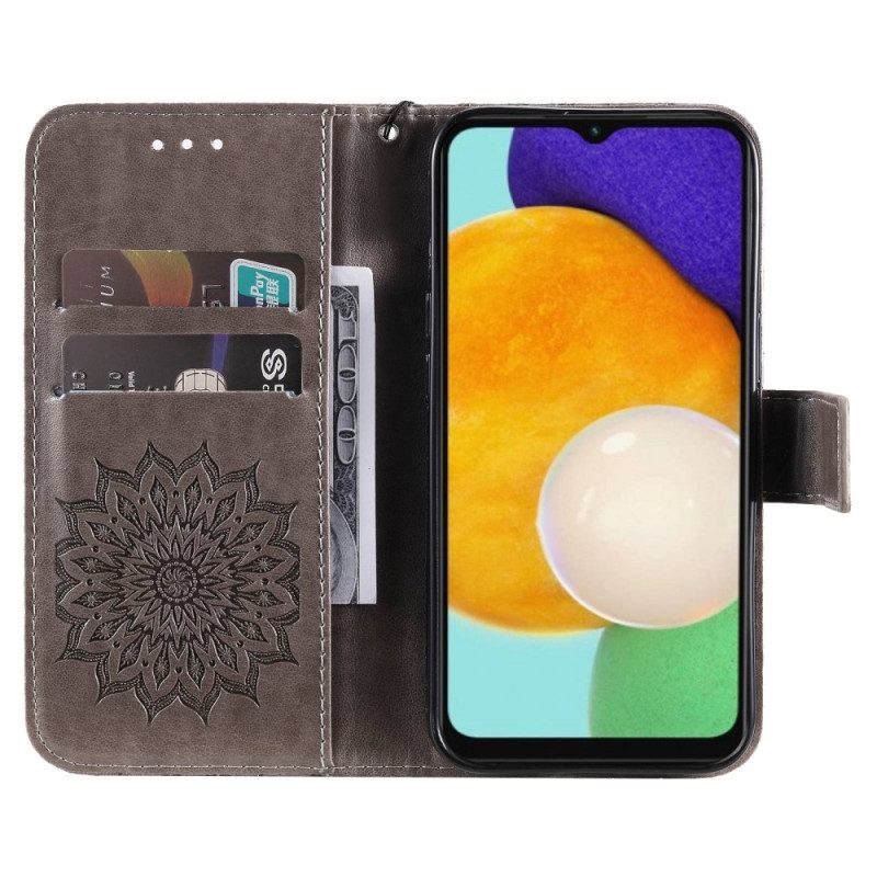 Custodia in pelle Samsung Galaxy A14 / A14 5G Mandala Sole Con Cordino