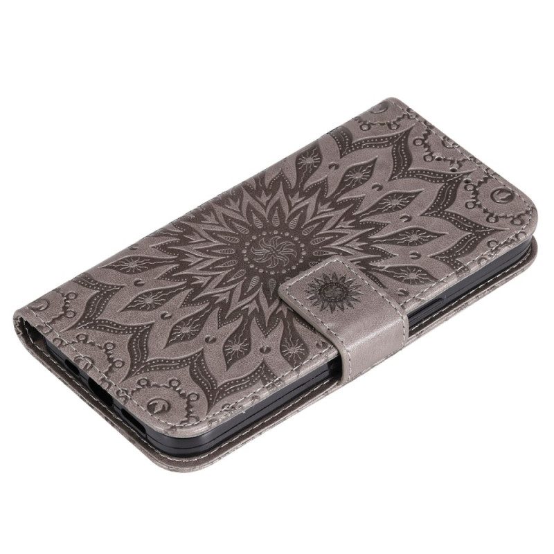 Custodia in pelle Samsung Galaxy A14 / A14 5G Mandala Sole Con Cordino