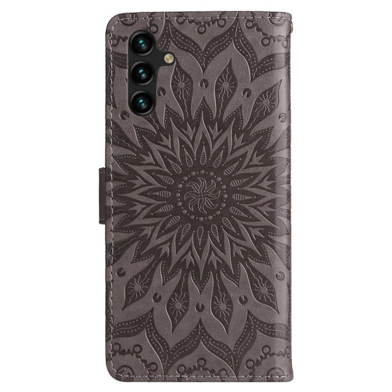 Custodia in pelle Samsung Galaxy A14 / A14 5G Mandala Sole Con Cordino