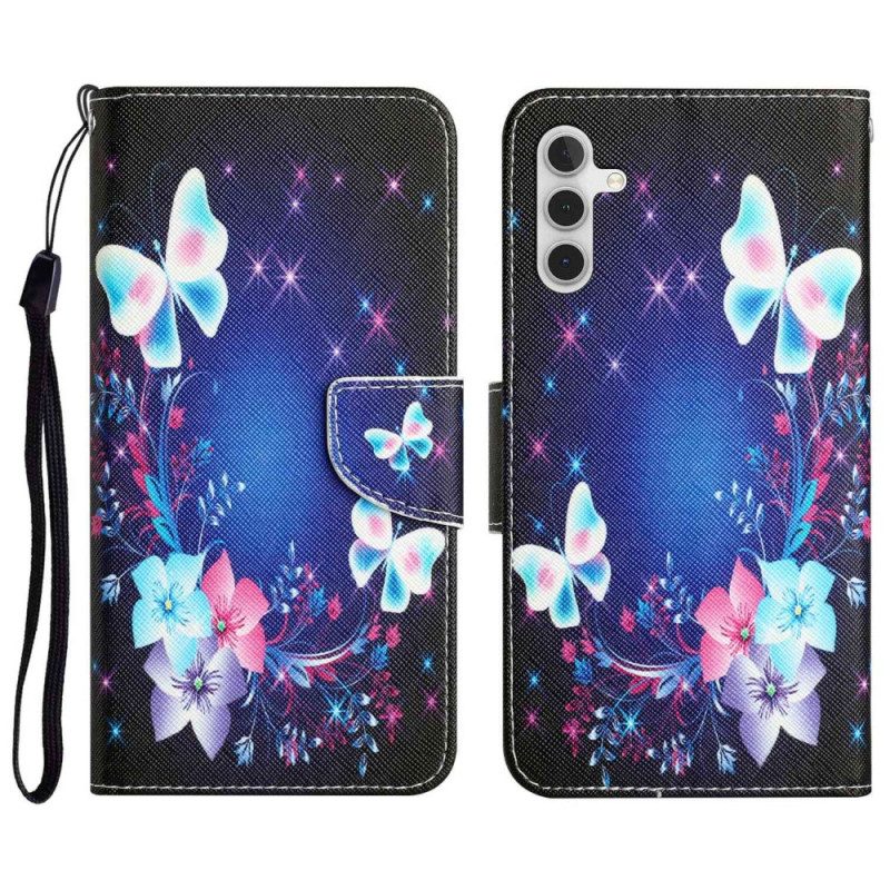 Folio Cover Samsung Galaxy A14 / A14 5G Farfalle Fatate Con Cordino