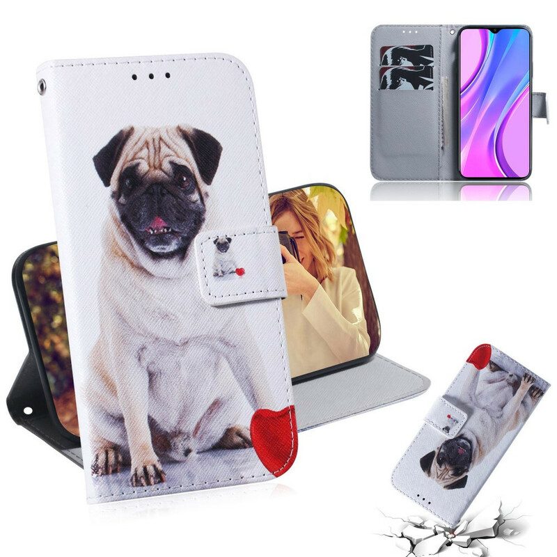 Custodia in pelle Xiaomi Redmi 9 Cane Carlino