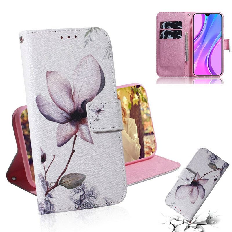 Custodia in pelle Xiaomi Redmi 9 Fiore Rosa Polveroso