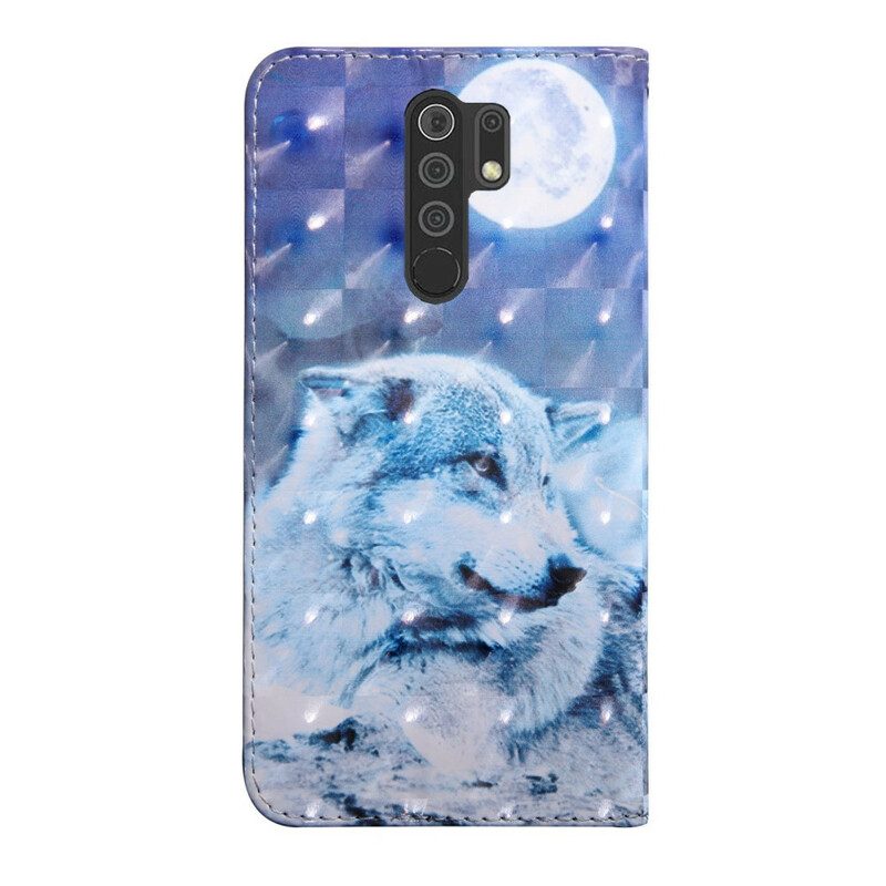 Custodia in pelle Xiaomi Redmi 9 Lupo Al Chiaro Di Luna