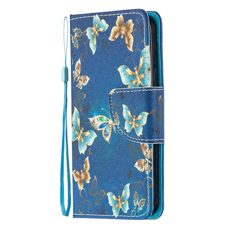 Custodia in pelle iPhone 12 Mini Farfalle Blu E Fiori Con Cinturino