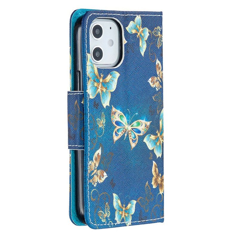 Custodia in pelle iPhone 12 Mini Farfalle Blu E Fiori Con Cinturino