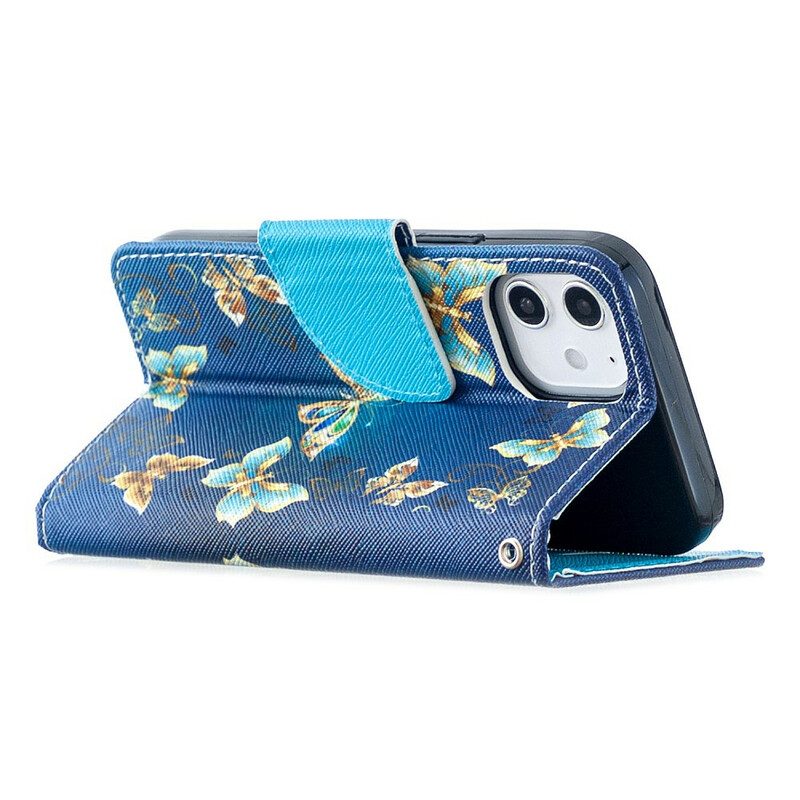 Custodia in pelle iPhone 12 Mini Farfalle Blu E Fiori Con Cinturino