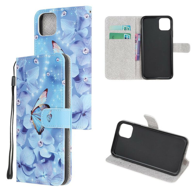 Folio Cover iPhone 12 Mini Farfalle Di Diamanti Strappy