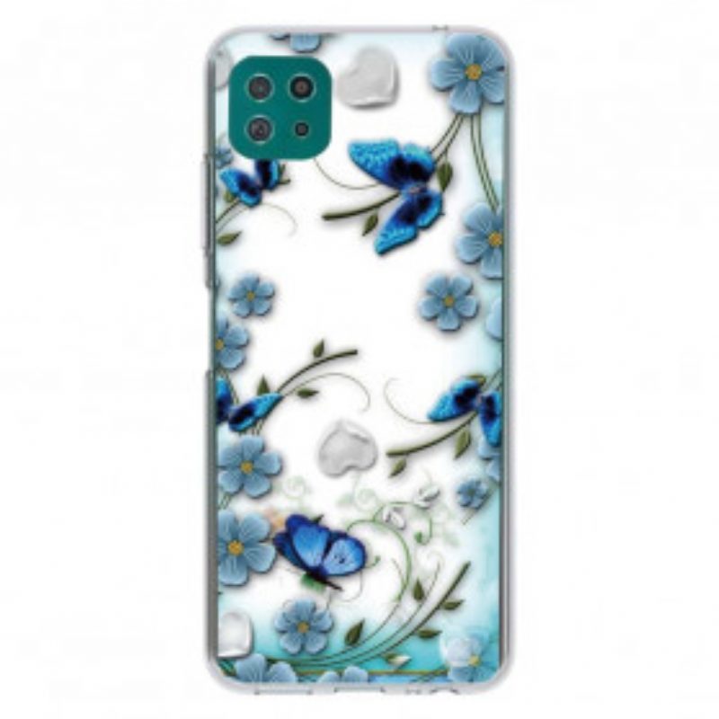 Cover Samsung Galaxy A22 5G Farfalle E Fiori Retrò Senza Soluzione Di Continuità