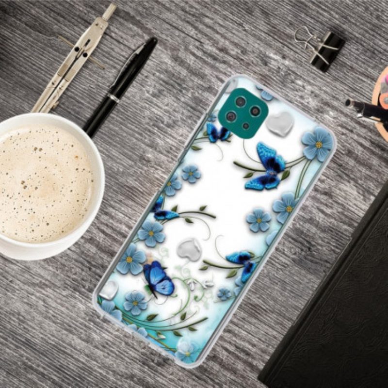 Cover Samsung Galaxy A22 5G Farfalle E Fiori Retrò Senza Soluzione Di Continuità