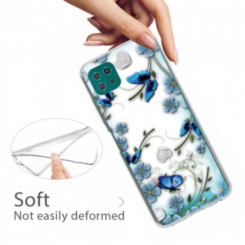 Cover Samsung Galaxy A22 5G Farfalle E Fiori Retrò Senza Soluzione Di Continuità