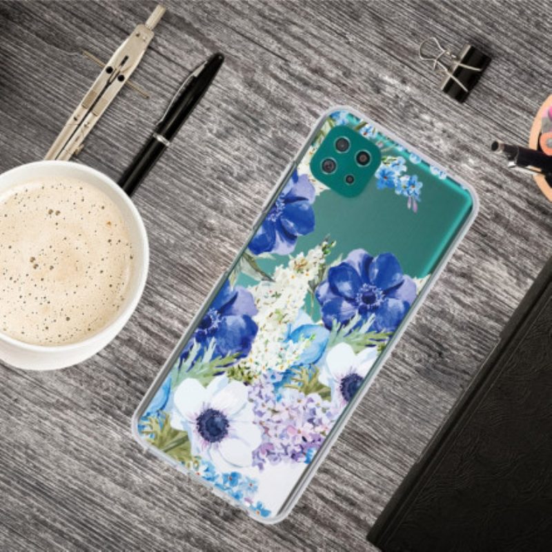 Cover Samsung Galaxy A22 5G Fiori Blu Dell'acquerello Senza Soluzione Di Continuità