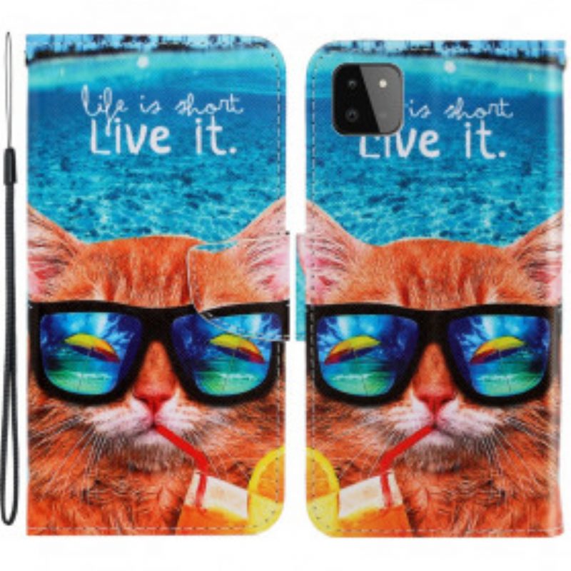 Custodia in pelle Samsung Galaxy A22 5G Cat Live It Strappy