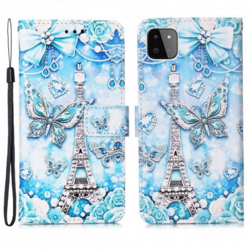 Custodia in pelle Samsung Galaxy A22 5G Cinturino A Farfalla Della Torre Eiffel