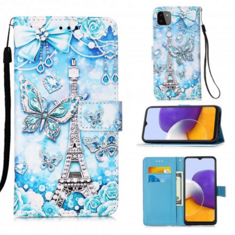 Custodia in pelle Samsung Galaxy A22 5G Cinturino A Farfalla Della Torre Eiffel